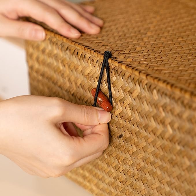 YANGQIHOME Woven Seagrass & Iron Wire Storage Baskets Set of 3 with Lids 4 Pack - Brown - Image 4