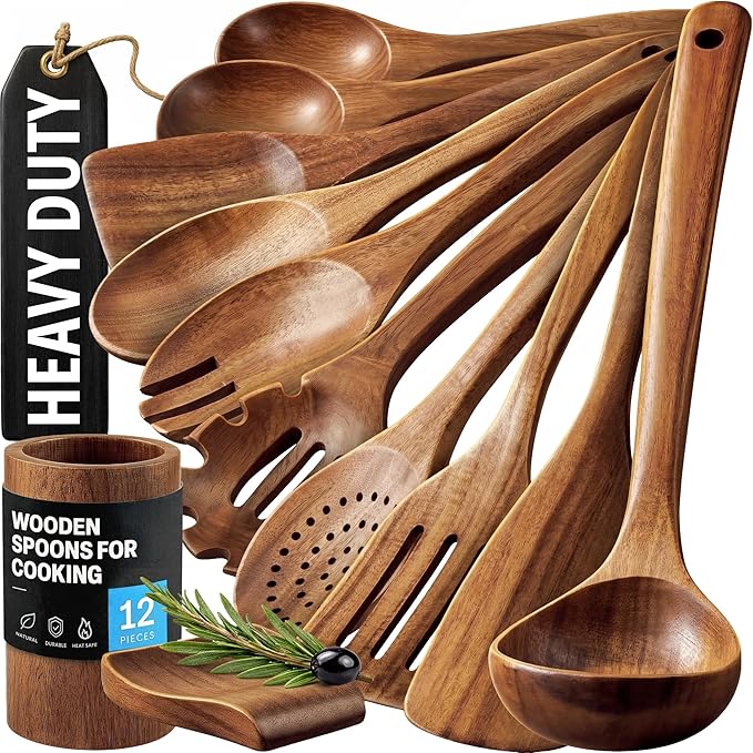 Zulay Kitchen 12-Piece Teak Wooden Utensils for Cooking - Natural Teak Utensil Set with Premium Gift Box - Non-Stick Wooden Spoons for Cooking - Kitchen Gift Set - Comfortable Grip Wooden Utensil Set by ZulayKitchen