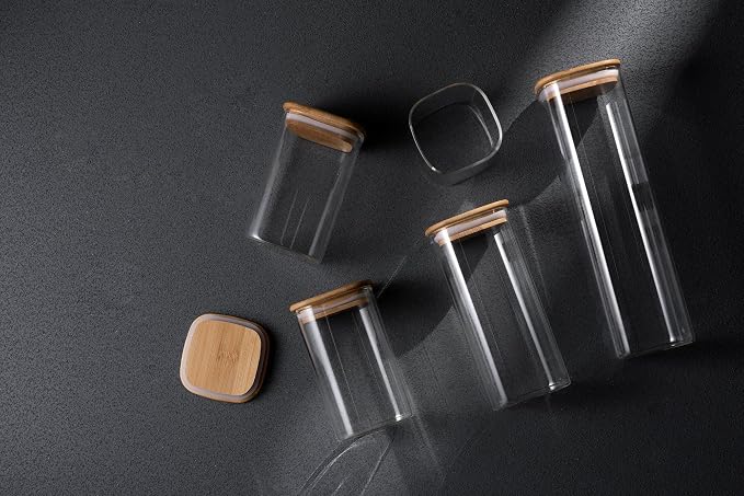 Glass Food Storage Jars,Spaghetti Pasta Storage Container,Borosilcate Glass Canister Set with Eco-Friendly Bamboo Lids for Noodles Flour Cereal Coffee Beans - 10 pc set - Image 5