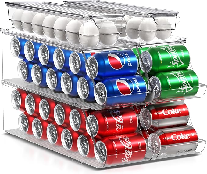 Sorbus Soda Can Organizer for Refrigerator & Egg Holder for Fridge Set, 4 Stackable Can Holder Dispenser Holds 12 Cans Each & 2 Egg Holders with Lid holds 14 eggs for Fridge, Pantry, Freezer, BPA-Free by Sorbus