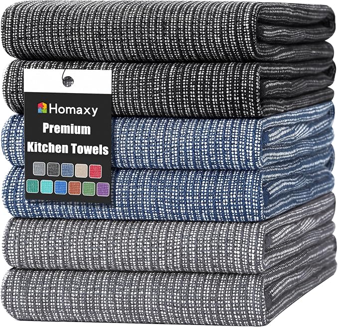 Homaxy 380 GSM Cotton Premium Kitchen Towels 6 Pack, 18"x 28", Mix | Flat and Terry Dish Towels, Highly Absorbent Tea Towel Set with Hanging Loop, Soft Kitchen Hand Towels, Navy/Grey/Black by Homaxy