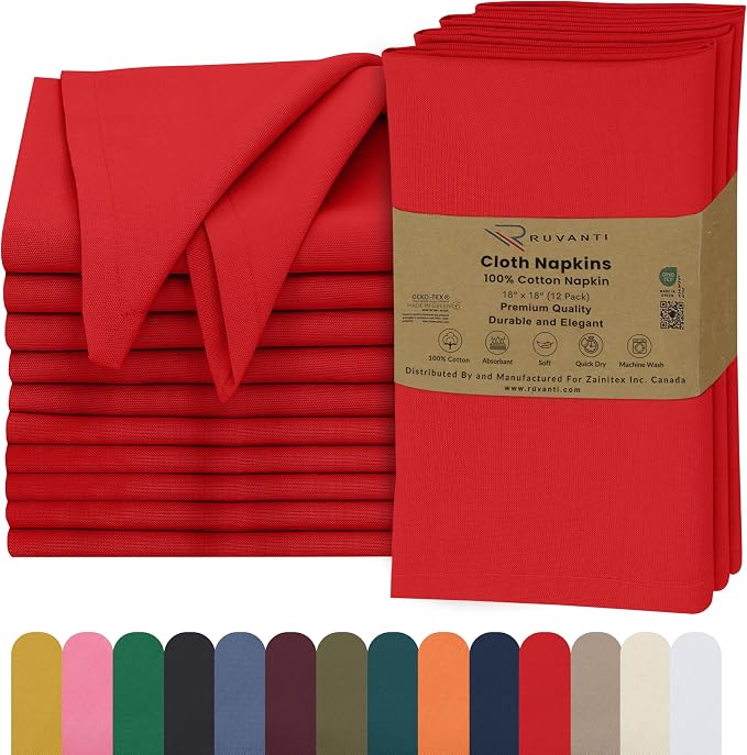 Ruvanti Cloth Napkins Set of 12, 18x18 Inches, 100% Cotton, Washable, Soft & Absorbent, Perfect for Wedding, Christmas, ‎Thanksgiving Dinners - Flame Scarlet by Ruvanti