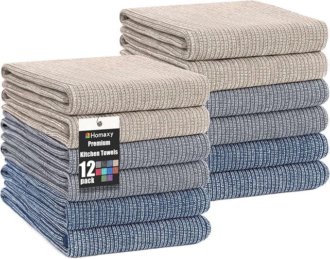 Homaxy 380 GSM Cotton Premium Kitchen Towels 12 Pack, 18"x 28", Multicolor | Flat and Terry Dish Towels, Highly Absorbent Tea Towel Set with Hanging Loop, Soft Utility Kitchen Hand Towels by Homaxy