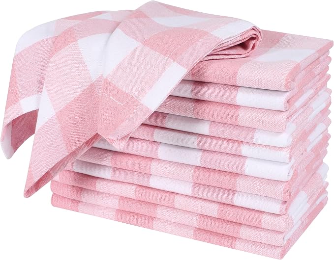 Cloth Napkins Set of 12, Reusable Dinner Napkins for Parties, Weddings, Baby Shower, Christmas Decorations, Everyday Fabric Serviettes for Dining Table, Pink White 18"x18" with Decorative Hemstitched by ALPHALivingHOME