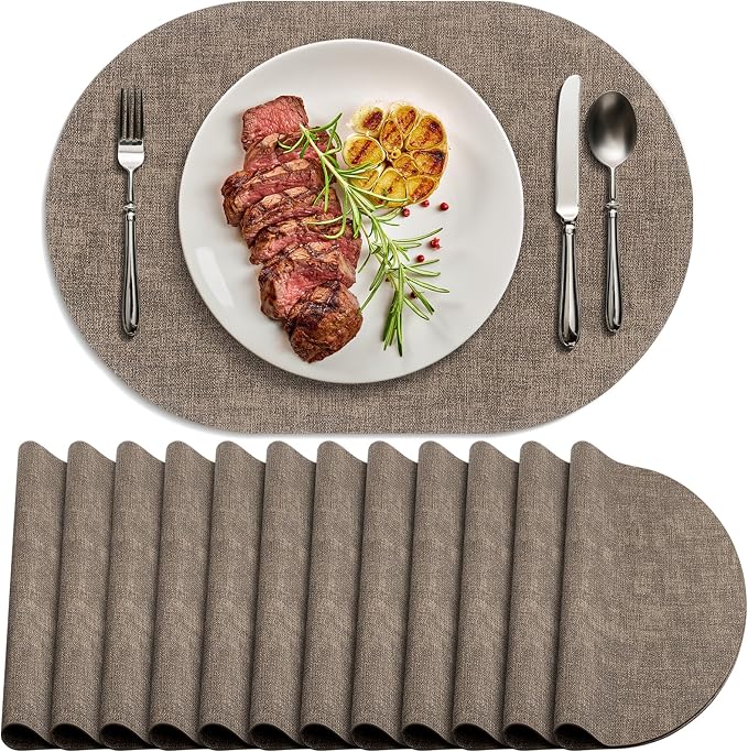 Placemats Set of 12-17" x 11.8" Waterproof & Heat Resistant Oval Place Mats, Wipeable Washable Double Layer Faux Leather Table Mats, Dark Brown by Delicateandelegantplacemats