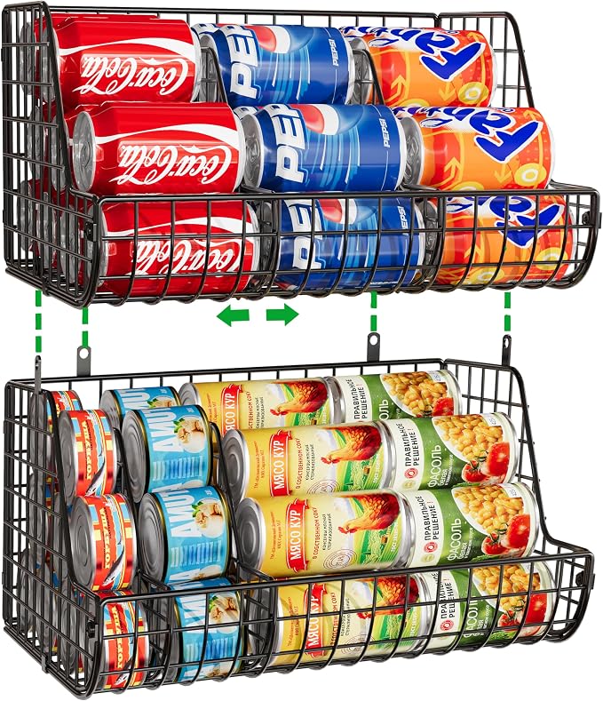 2-Tier Stackable Can Organizer for Pantry Shelves, 2 Pack Soda Can Organizer with 4 Adjustable Dividers, Kitchen Can Storage Organizer, Wire Drink Organizer, Metal Can Dispenser for Cabinets Shelf - Image 9