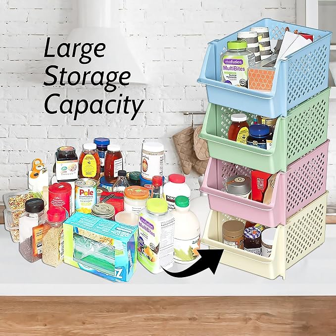 Skywin Stackable Storage Bins Open Front for Pantry Storage, 4 Pack - Multi | Sturdy Plastic, Easy Stacking, Open Front Access, Ventilated Sides, Vertical & Space Saving Pantry Organizers and Storage Bin - Image 3