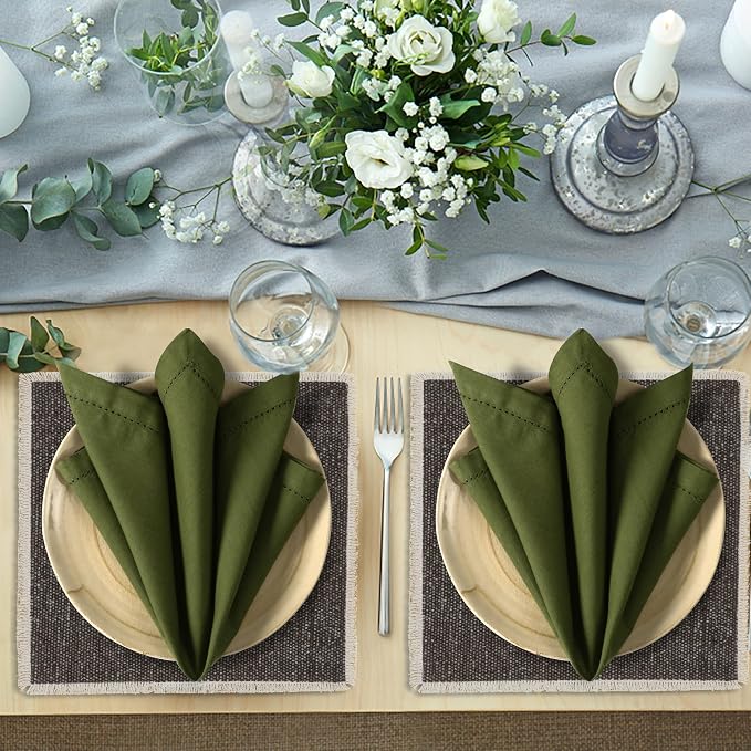 Ramanta Home Olive Green Cloth Dinner Napkin Set of 4-18x18 Inch | Cotton Linen Flax Hemstitched Napkins Washable for Everyday Use - Image 3