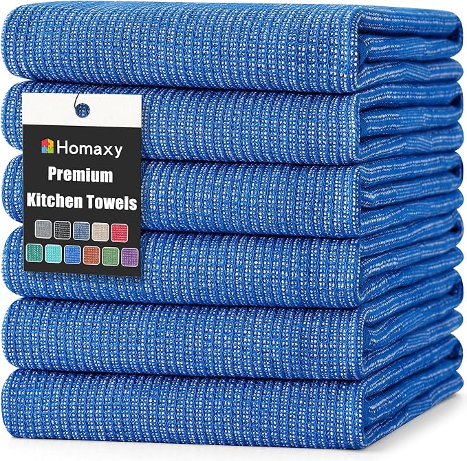 Homaxy 380 GSM Cotton Premium Kitchen Towels 6 Pack, 18"x 28", Blueberry | Flat and Terry Dish Towels, Highly Absorbent Tea Towel Set with Hanging Loop, Soft Utility Kitchen Hand Towels by Homaxy