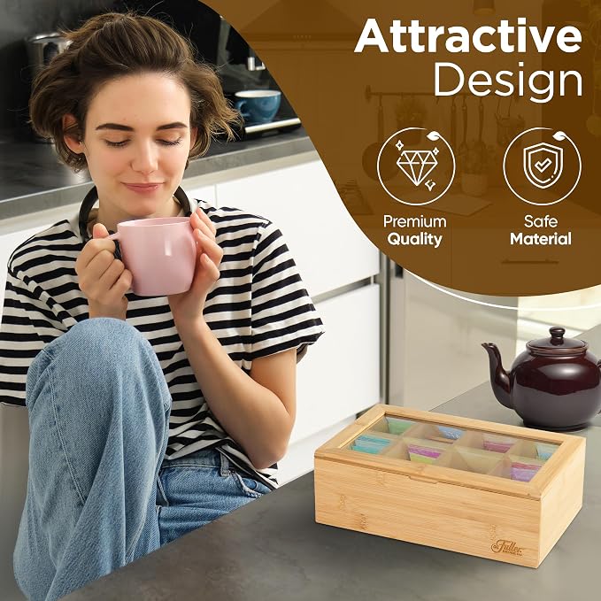 Fuller Bamboo Tea Box Organizer with 8 Compartments – Natural Bamboo Tea Storage Case with Clear Acrylic Lid – Elegant Fuller Tea Caddy for Tea Bags, Coffee Pods, Spices & More – Home & Office - Image 5