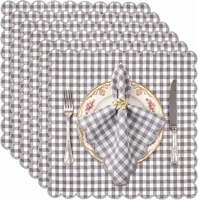 SmoothNovelty 6 Pack Buffalo Plaid Cloth Napkins 18x18 Inch Checkered Cloth Napkins Scalloped Soft Cotton Table Mat Washable Reusable for Dinner Wedding Holiday Birthday Parties (Classic,Gray) by SmoothNovelty