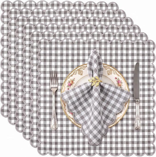 SmoothNovelty 6 Pack Buffalo Plaid Cloth Napkins 18x18 Inch Checkered Cloth Napkins Scalloped Soft Cotton Table Mat Washable Reusable for Dinner Wedding Holiday Birthday Parties (Classic,Gray) by SmoothNovelty