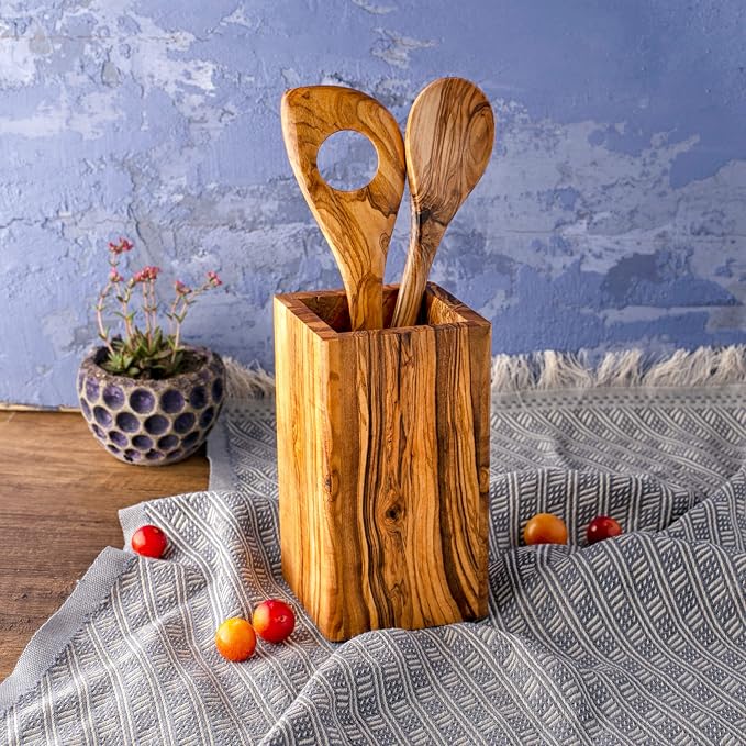 Olive Wood Large Utensil Holder - 6 x 4 Wooden Kitchenware Organizer - Rustic Utensil Holder - Handmade Spoons Holder for Countertop - Cooking Utensil Crock - Kitchen Tool & Accessories - Image 3