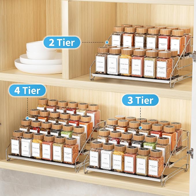 BOIVSHI Spice Organizer for Cabinet, Adjustable Depth Spice Shelf - Chrome | 4 Tier Spice Rack, Space-saving Spice Organization for Cabinet and Counter, Keep Your Kitchen Neat and Organized - 1 Pack - Image 5