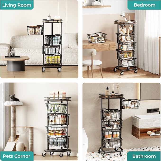 4 Tier Rotating Kitchen Storage Cart, Fruit Vegetable Potato Rack Stand | Patented Swivel Part Spin Smoothly Even Full. Rustproof. One-Piece Wire Bin Prevent Sagging. Keep Onion, Veggie, Spices Fresh - Image 4