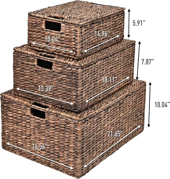 happimess Brooks 3-Piece Woven Hyacinth Storage Basket Set 22", Brown | Classic Farmhouse Style, Rectangular Nesting Wicker Containers, Integrated Handles, Hinged Lids, Iron Metal Frame - Image 2