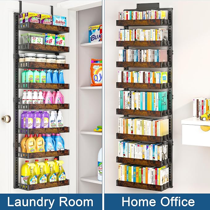 BUKFEN 8-Tier Over the Door Pantry Organizer, Adjustable Wooden Basket | Door & Wall Mounted Spice Rack, 16 Hooks, Heavy-Duty Metal Over Door Organization Storage for Kitchen, Bathroom, Closet - Image 6