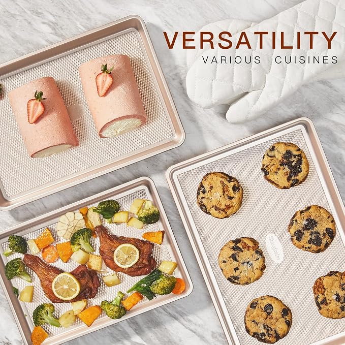 3 Pack Gold Nonstick Baking Sheet Pan Set with Oven Mitts Heat Resistant, Non-Toxic Half/Quarter/Jelly Roll Pans with Diamond Texture Pattern, Heavy Duty 0.8mm Thick Cookie Trays for Cooking - Image 4