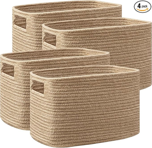 4 Pack Storage Baskets for Organizing, Shelf Baskets with Handles, Jute | 14.5"Lx9.8"Wx9"H, Woven Basket, Cotton Rope Basket, Toy Storage, Cube Shelf, Gift Baskets Empty, Home Decor by UBBCARE