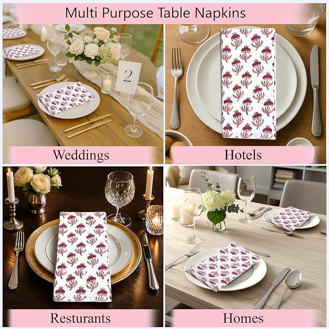 Rosewood Pink Meadow Hand Block Print 100% Cotton Napkins 18" x 18" (Set of 4) Reuseable Kitchen Napkins Cloth Decor Dinner Party Cocktail Gift for Spring, Easter, Summer - Image 8