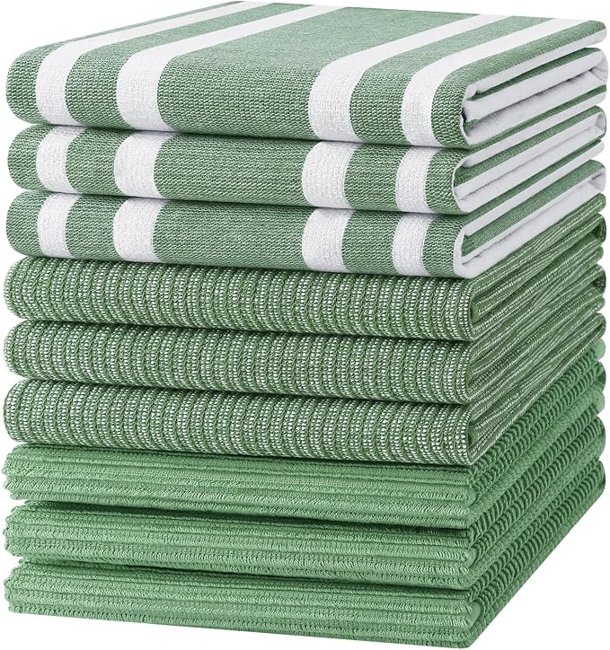 Homaxy Cotton 380 GSM Premium Kitchen Towels, 18"x28", 9 Pack, Grass Green | Soft and Absorbent Terry Dish Towels, Multipurpose Tea Towel Set with Hanging Loop, 3 Styles Kitchen Hand Towels by Homaxy