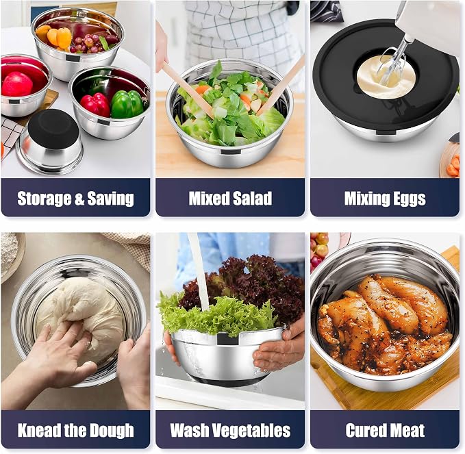 E-far Stainless Steel Mixing Bowls with Lids Set, 5-Piece Nesting Salad Bowls with 3 Grater Attachments and Non-Slip Bottoms, Size 4.6, 2.6, 2, 1.5, 1QT for Kitchen (Black) - Image 4