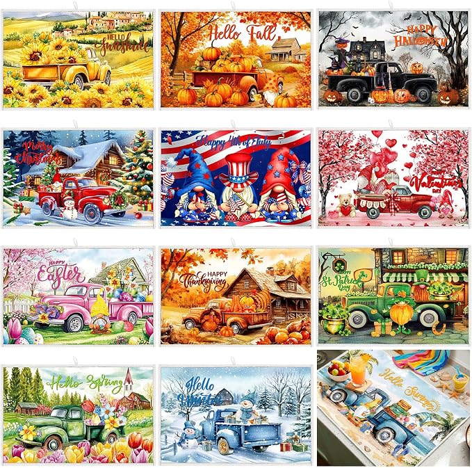 12 Pcs Seasonal Dish Drying Mats for Kitchen 24"x 16" Holiday Microfiber Absorbent Washable Drainer Mat Bulk for Counter Gift Patriotic Summer Home Accessories Decoration(Truck) by Meanplan