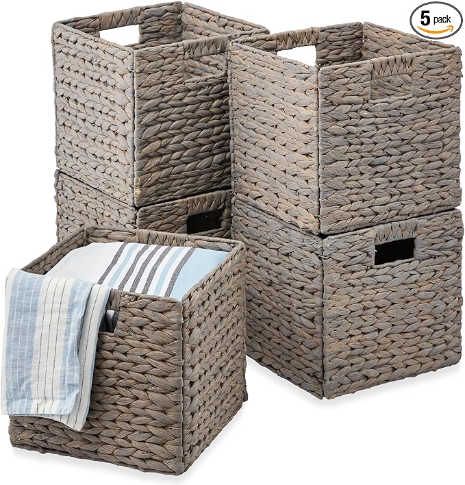 Best Choice Products 12x12in Pack of 5 Cube Storage Baskets, Water Hyacinth Multipurpose Collapsible Organizers, Handwoven Laundry Totes for Laundry, Living Room, Kids Room & Nursery - Gray by Unknown