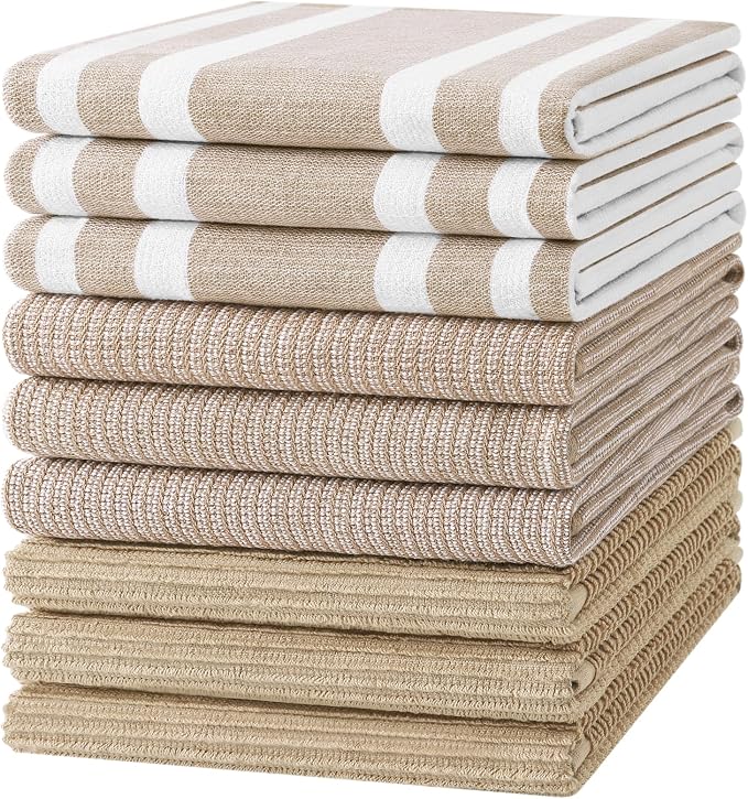 Homaxy Cotton 380 GSM Premium Kitchen Towels, 18"x 28", 9 Pack, Khaki | Soft and Absorbent Terry Dish Towels, Multipurpose Tea Towel Set with Hanging Loop, 3 Styles Kitchen Hand Towels by Homaxy