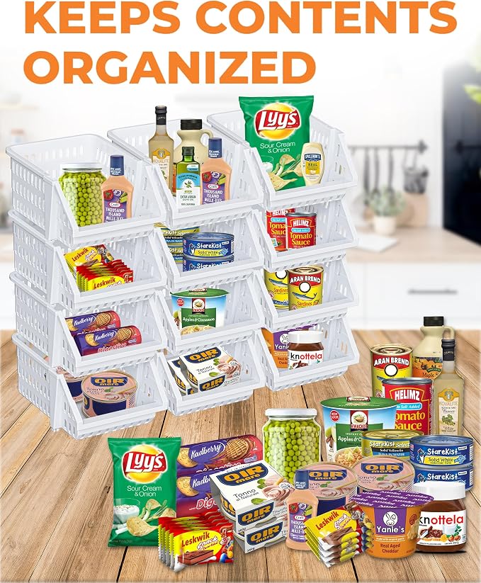Small Stackable Storage Bins Open Front for Pantry Storage, 12 Pack - White | Sturdy Plastic, Easy Stacking, Open Front Access, Ventilated Sides, Vertical & Space Saving Pantry Organizers and Storage Bin - Image 3