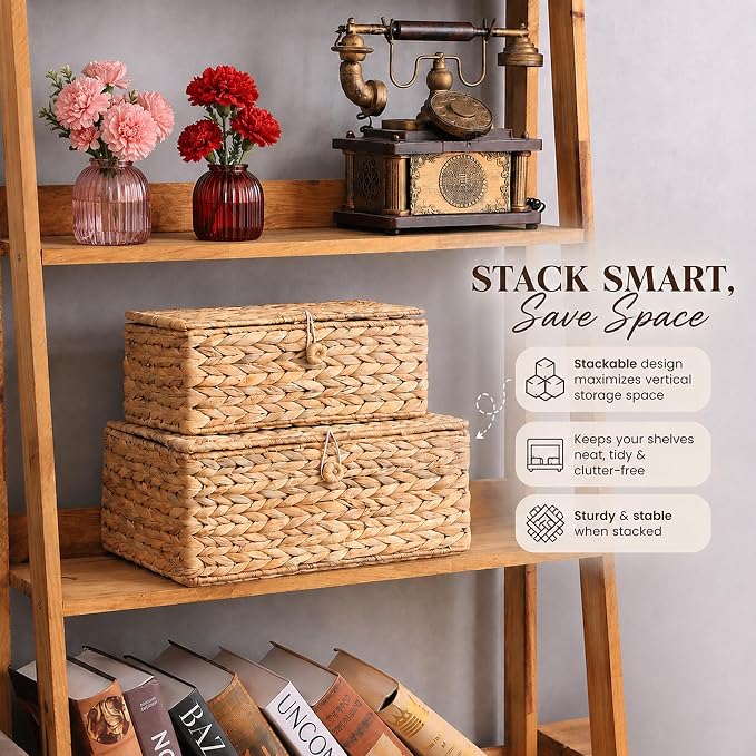 LUSYDECO Set of 3 Wicker Storage Baskets with Lid, Large Rectangular Rattan Basket Decorative Boxes, Natural Water Hyacinth Wicker Basket for Shelf Organizer, Nursery Room - Image 3