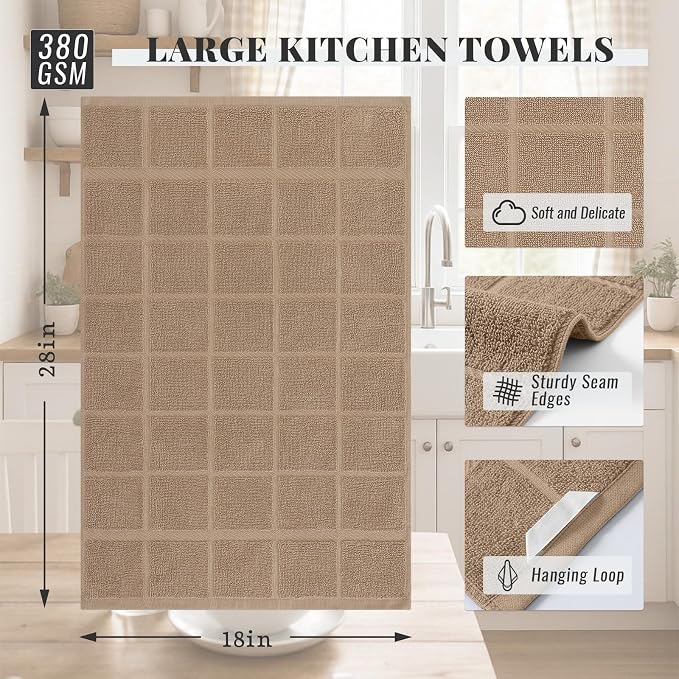 Homaxy 100% Cotton Kitchen Towels 18"x28", 4 Pack Dish Towels, Khaki | Large 380 GSM Soft and Absorbent Kitchen Hand Towels with Terry Grid Design, Utility Tea Towel Set with Hanging Loop - Image 2