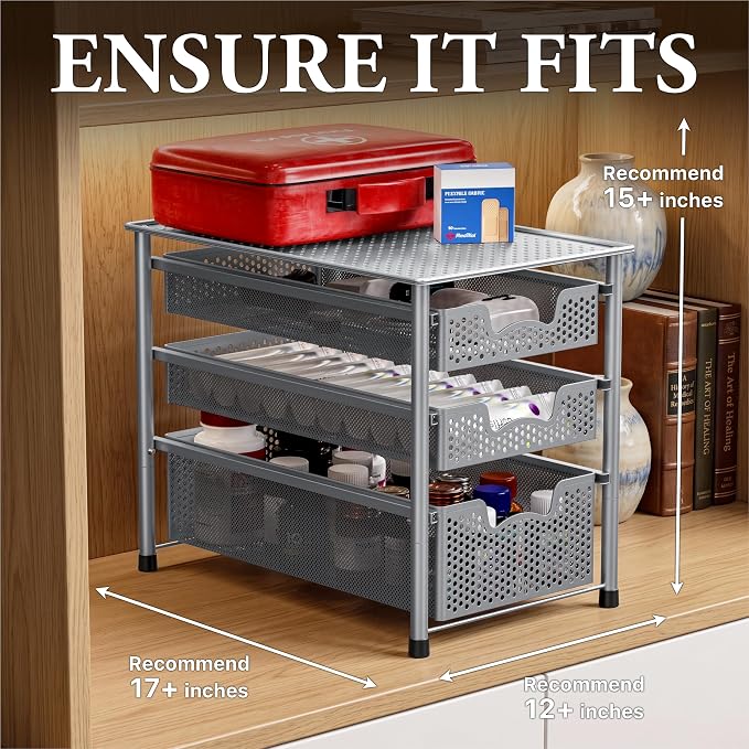 Simple Houseware Stackable 3 Tier Sliding Basket Organizer Drawer, Silver - Image 3