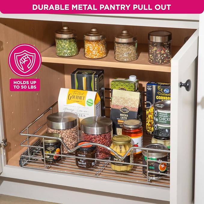 HOLDN’ STORAGE Pull Out Cabinet Organizer, Pantry Drawer, 22"W x 21"D x 5"H | Heavy-Duty Full-Extension, Roll Out Shelf for Pots, Pans & Under Sink Storage, Chrome, Require a 23.25"W Cabinet Opening - Image 4