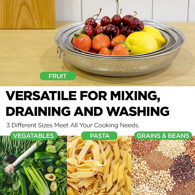 Shallow Stainless Steel Colander Set of 3 – Micro-Perforated Tray Strainers for Berries Vegetables Fruit, 18/8 304 Low Profile (2, 3, 4 Qt) Self-Draining Base, Dishwasher Safe, Made in Korea - Image 4