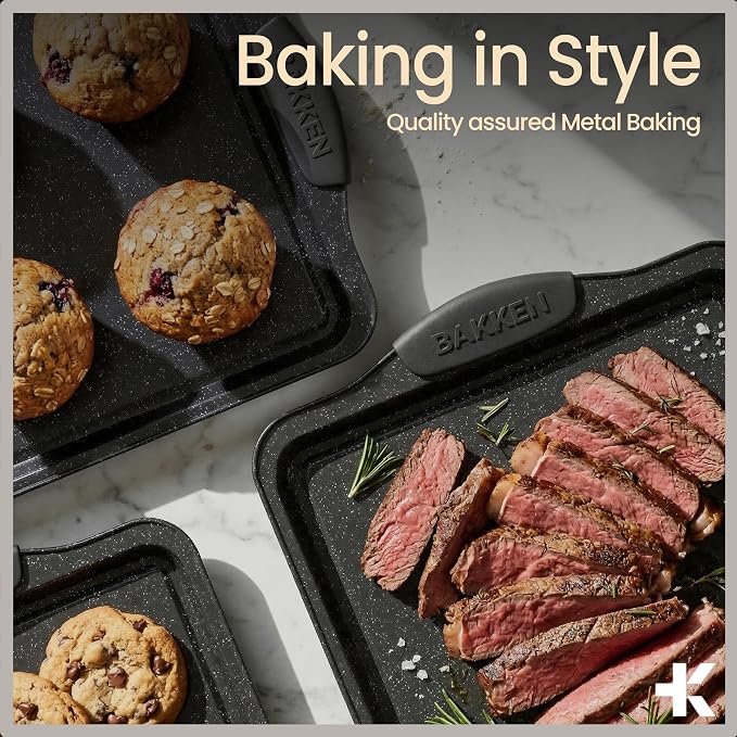 BAKKEN 8-Piece Kitchen Oven Baking Pans Set - Deluxe Nonstick Gray Marble Coating, Professional Grade Carbon Steel Bakeware with Silicone Handles - Oven, Dishwasher, and Freezer Safe - Image 8