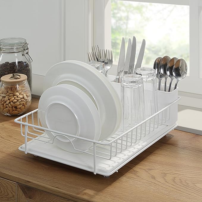 SunnyPoint 304 Stainless Steel Dish Drying Rack with Diatomaceous Earth Drainboard & Removable Utensil Caddy – Rust Resistant Countertop Dish Rack for Kitchen (White) - Image 2