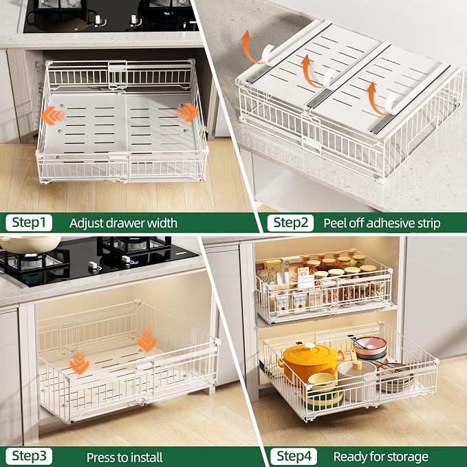 2 Pack Expandable Pull Out Cabinet Organizer, 16.5" Deep White | Pull Out Drawers for Cabinets with width from 13" to 20", Cabinet Drawers Slide Out with Upgrade 3 Slide Rails, Hold 65 lbs - Image 3