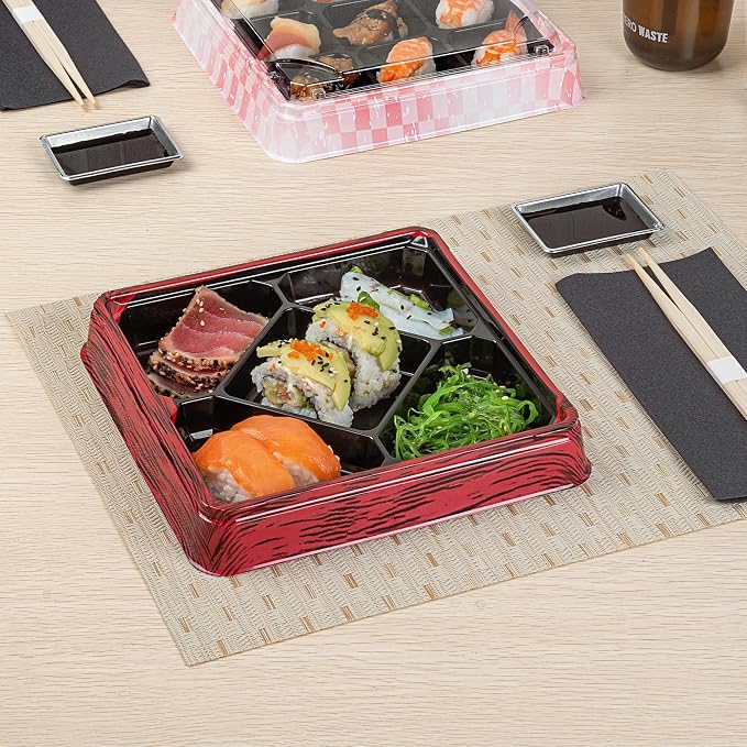 Restaurantware Bento Tek 18.6 Ounce Meal Prep Containers, 100 Disposable To Go Food Boxes - Lids Sold Separately, 5 Compartments, Red And Black Plastic Bento Lunch Boxes, Freezable, For Take Out - Image 8
