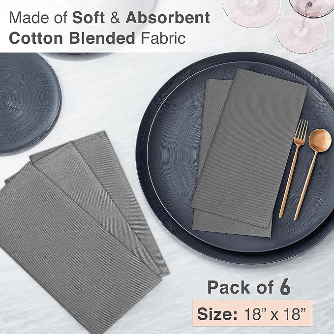 Ruvanti Cloth Napkins Set of 6, 18x18 Inches Napkins Cloth Washable, Soft, Durable, Absorbent, Cotton Blend. Table Dinner Napkins Cloth for Hotel, Lunch, Restaurant, Wedding Parties - Charcoal Grey - Image 4