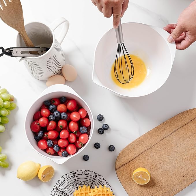 Nesting Mixing Bowls Set, 3 Piece Melamine Bowls Set, 2.5 quart, 3.5 quart, 4.5 quart, Non Slip Base with Easy Pour Spout, Kitchen Cooking and Baking Supplies, White - Image 4