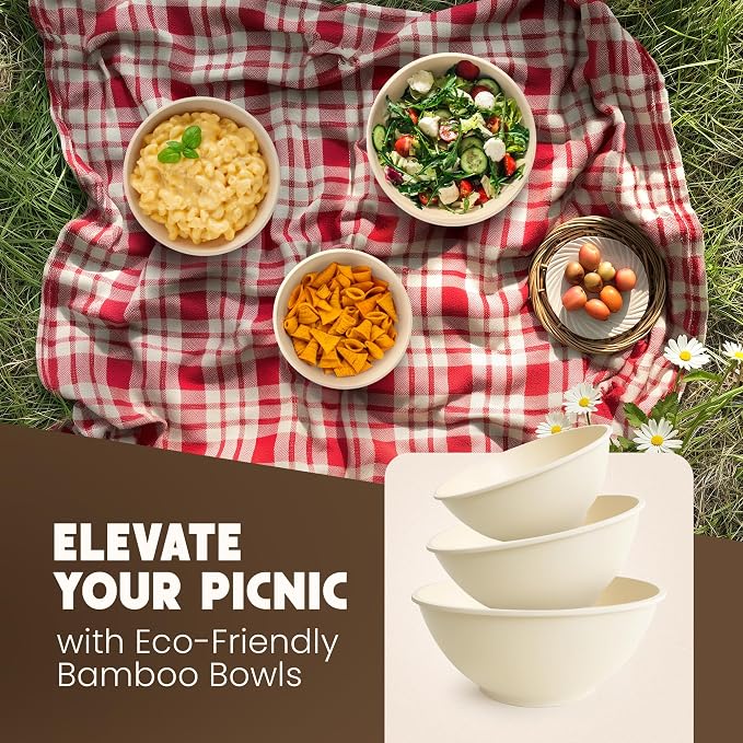 Bamboo Eco Salad Bowl Set - Set of 3 Salad Bowls Large with Seal Lid & Serving Utensils - Bamboo Fiber Bowl Set Perfect for Mixing, Serving, and Storage - Cream White - Image 6