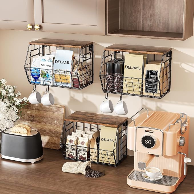 Delamu Stackable Metal Fruit Basket with Wood Lid 3 Pack, Hanging Wall Organizer for Kitchen Counter, Pantry Storage for Onions, Potatoes, Garli, Fruits, Spices, Black - Image 3