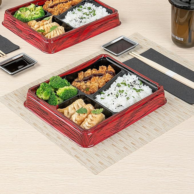 Restaurantware-Bento Tek 18.6 Ounce Meal Prep Containers, 50 Disposable To Go Food Boxes - Lids Sold Separately, 4 Compartments, Red And Black Plastic Bento Lunch Boxes, Freezable, For Take Out - Image 3