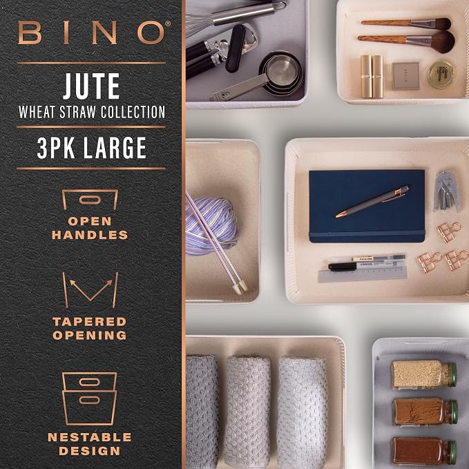 BINO | Woven Plastic Basket | Large (Natural Grey), 3-Pack | THE JUTE COLLECTION | Home Organization, Space - Saving Storage, Stylish Design | Jute Basket | Plastic Storage Basket - Image 2