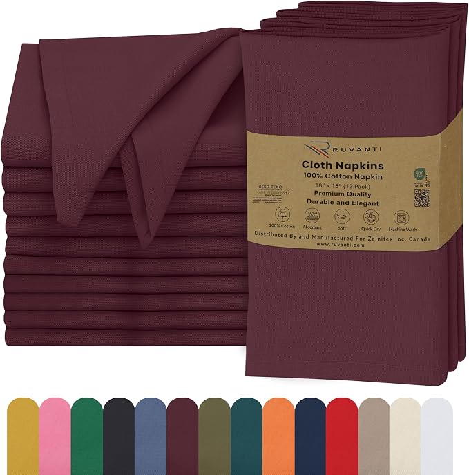 Ruvanti Cloth Napkins Set of 12, 18x18 Inches, 100% Cotton, Washable, Soft & Absorbent, Perfect for Wedding, Christmas, ‎Thanksgiving Dinners - Burgundy by Ruvanti