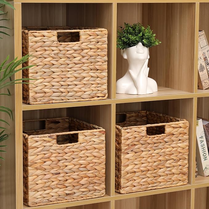 12x12x10 Water Hyacinth Storage Basket Large, Folding Cube Woven Wicker Storage Basket for Shelves, Pantry Baskets Organization and Storage, Large Rattan Basket Set of 4 - Image 5