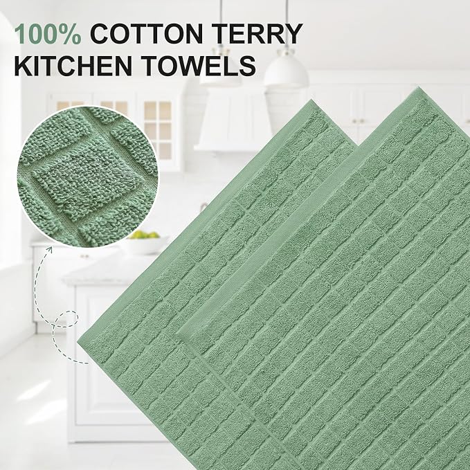Homaxy Premium Ring Spun Cotton 390 GSM Kitchen Towels, 6 Pack, Grass Green | 16" x 28" Large Dish Towels, Super Absorbent Terry Hand Towels, Soft Tea Towels with Hanging Loops - Image 2