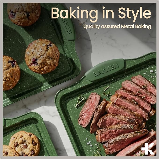 BAKKEN Kitchen Baking Pan Set - Nonstick Green Marble Coating, Carbon Steel Bakeware Sets with Green Silicone Handles, Kitchen Essentials, PFOA, PFOS, PTFE Free, Oven Safe (Up To 450° F), Set of 10 - Image 8