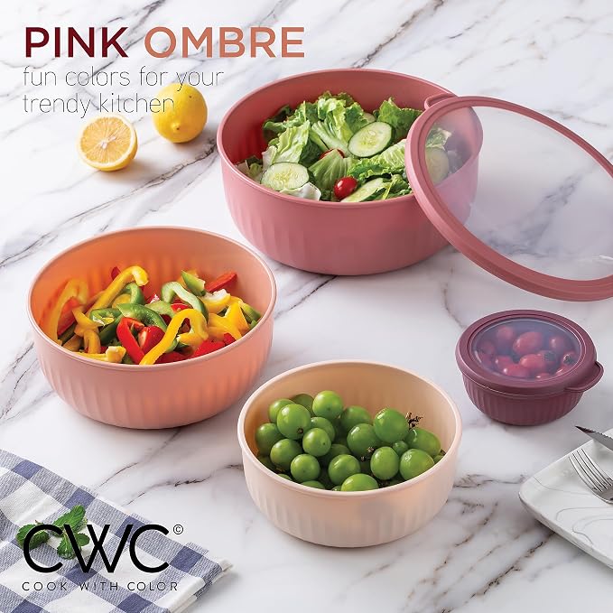 COOK WITH COLOR Prep Bowls with Lids- Wide and Deep Nesting Plastic Small Mixing Bowl Set with Lids, 12 Piece Set - Wide Bowls, Rose - Image 6
